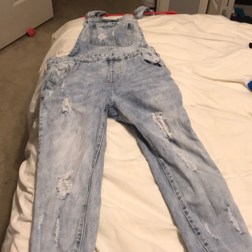 Light wash distressed overalls